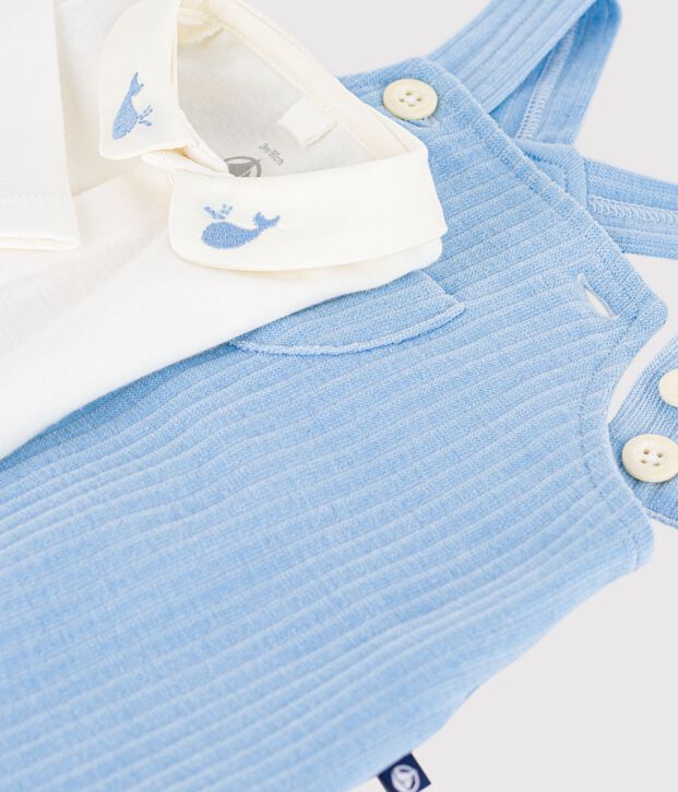 Babies' dungarees/body set in plain cotton with embroidered details blue/ecru