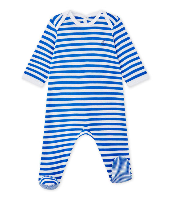 Baby boy's striped sleepsuit PERSE blue/ECUME white