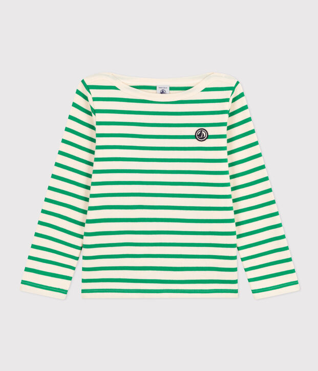 Children's Thick Cotton Breton Top Ecru/green
