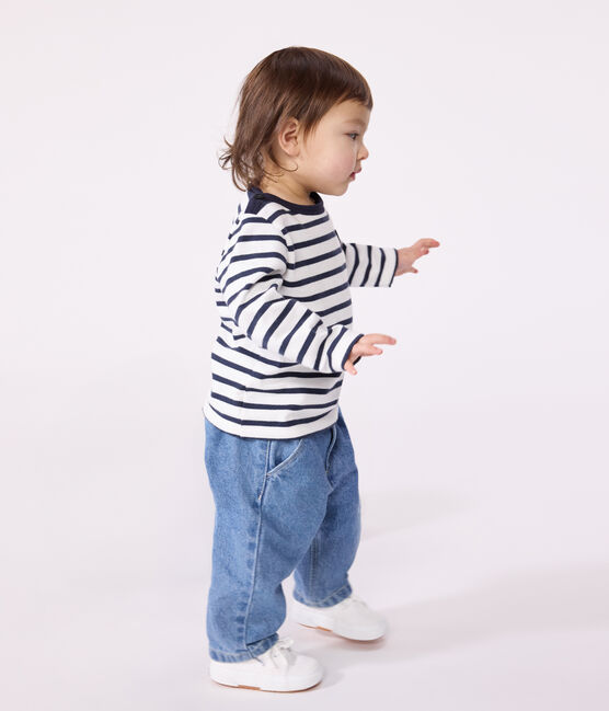 Babies' Thick Jersey Breton Top MARSHMALLOW white/SMOKING blue