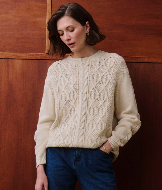 Women's plain cable-knit wool and cotton jumper Ecru