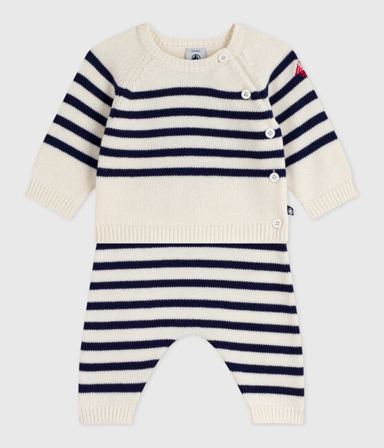 Babies' 2-piece stripy knit Breton top outfit MARSHMALLOW blue/SOIR