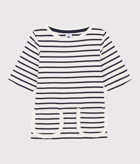 Girls' striped T-shirt MARSHMALLOW white/SMOKING blue