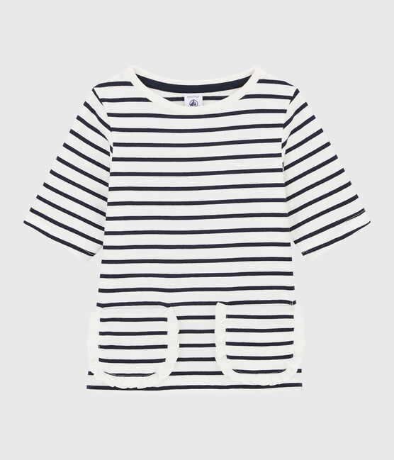 Girls' striped T-shirt MARSHMALLOW white/SMOKING blue