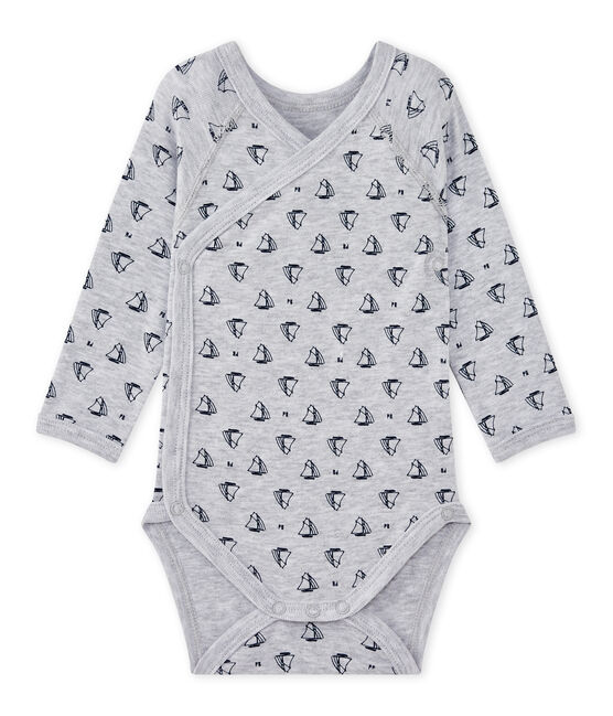 Newborn baby boys' long-sleeved printed bodysuit POUSSIERE grey/MEDIEVAL blue