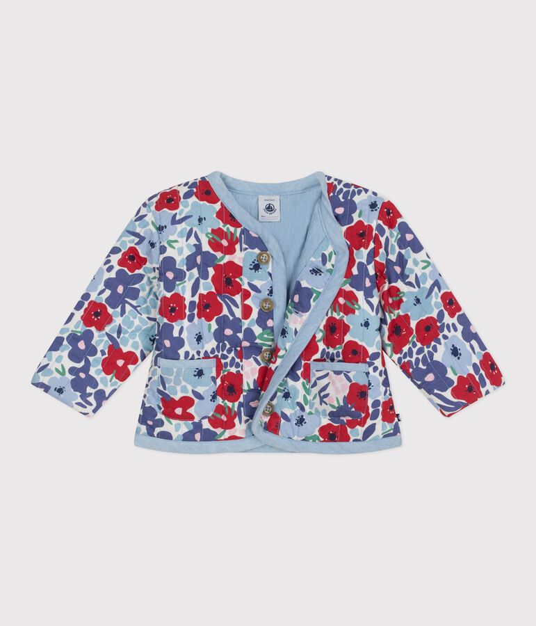 Babies' quilted cotton jacket, printed with flowers white/multicolor