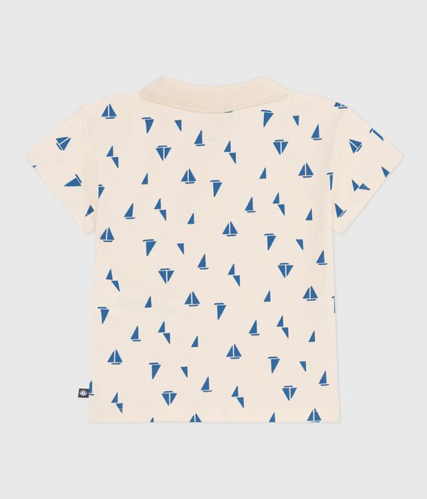 Babies' short-sleeved cotton polo shirt printed with little boats Ecru/blue