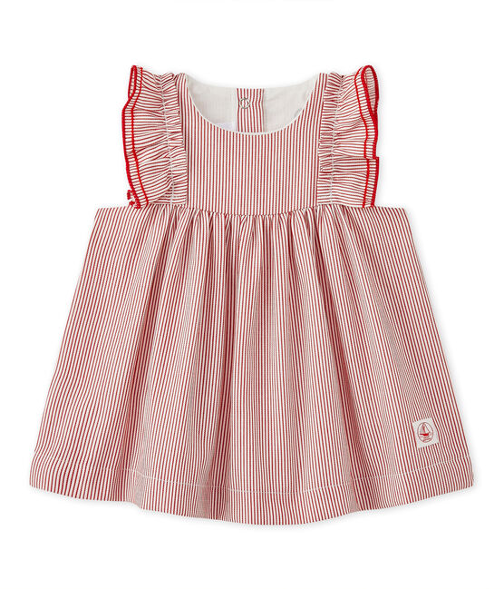 Baby girls' striped poplin dress LAIT white/TERKUIT red