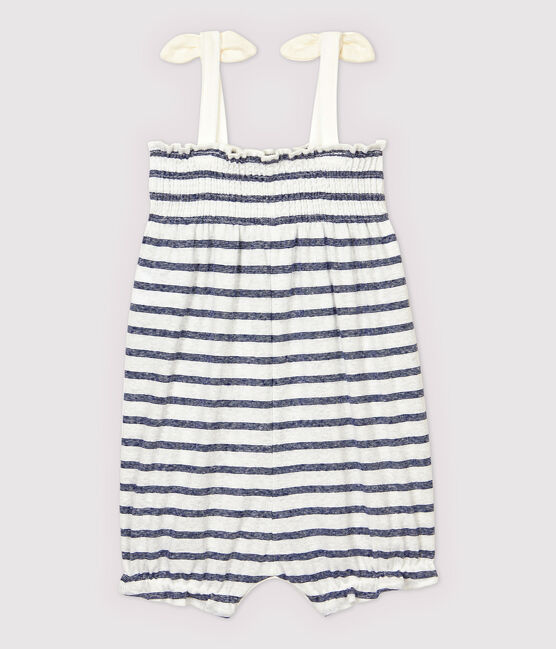 Baby Girls' Stripy Cotton and Linen Playsuit MARSHMALLOW white/MEDIEVAL blue