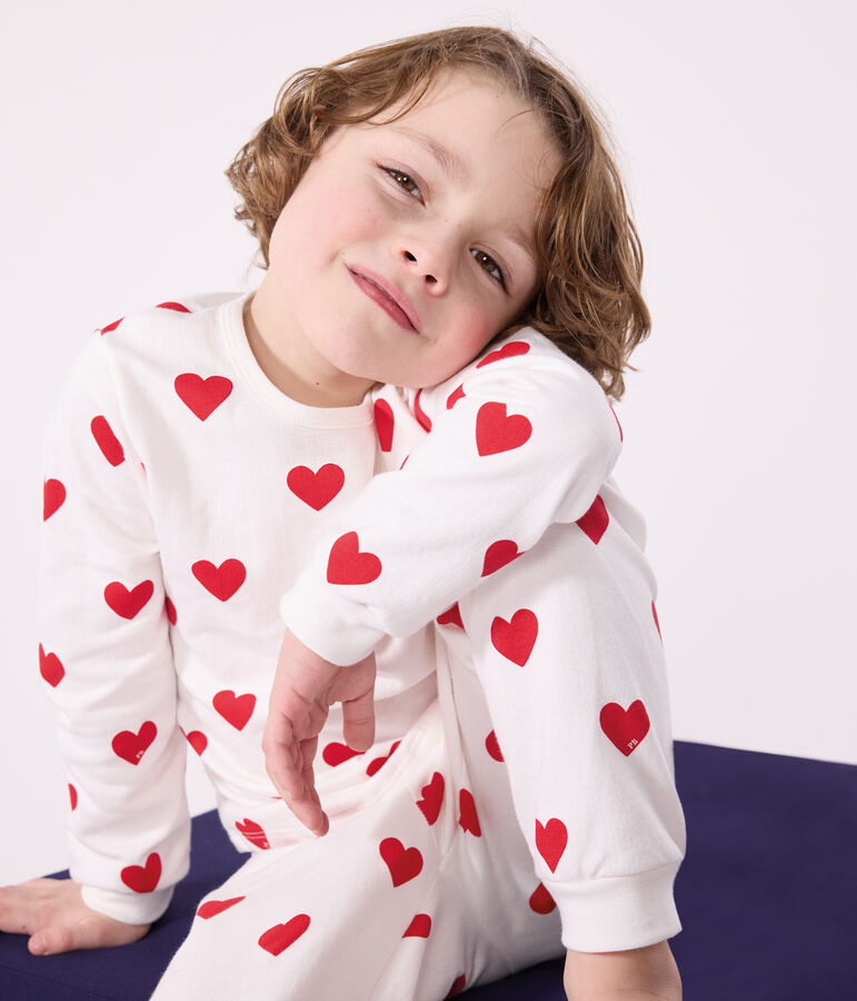 Children's hearts print ribbed pyjamas MARSHMALLOW white/TERKUIT red