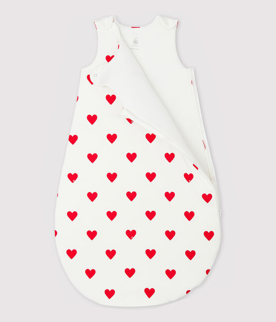 Babies' 2 TOG heart-patterned cotton sleeping bag MARSHMALLOW white/TERKUIT red