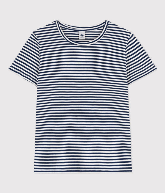 Women's Straight Round-Neck Cotton T-Shirt MEDIEVAL blue/MARSHMALLOW white