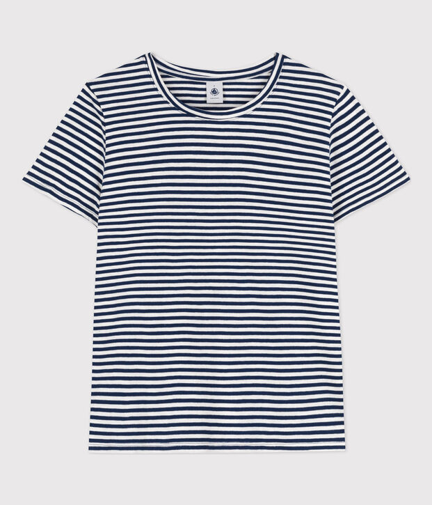 Women's Straight Round-Neck Cotton T-Shirt blue/white