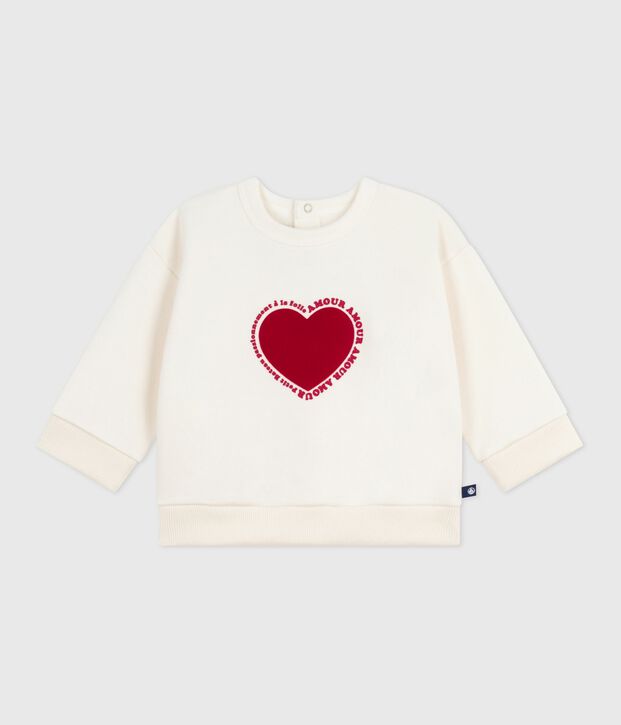 Babies' heart patterned cotton sweatshirt Ecru