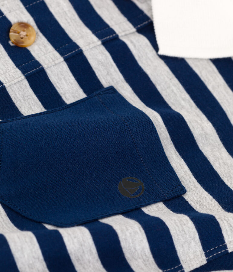 Boys' Stripy Long-Sleeved Cotton Polo Shirt MEDIEVAL blue/FUMEE