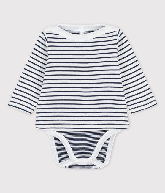 Babies' Organic Cotton Striped Bodysuit MARSHMALLOW white/SMOKING blue