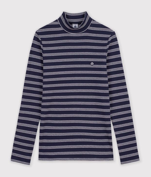 Women's stripy cotton rollneck top blue/white