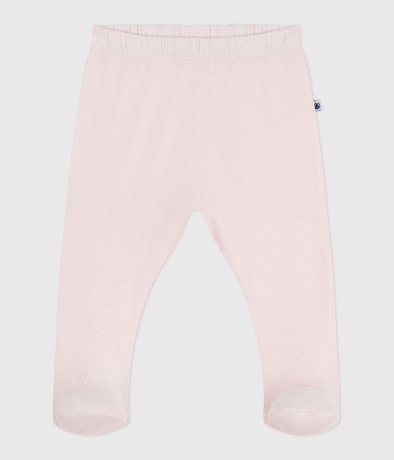 Newborn babies' plain cotton trousers with feet pink