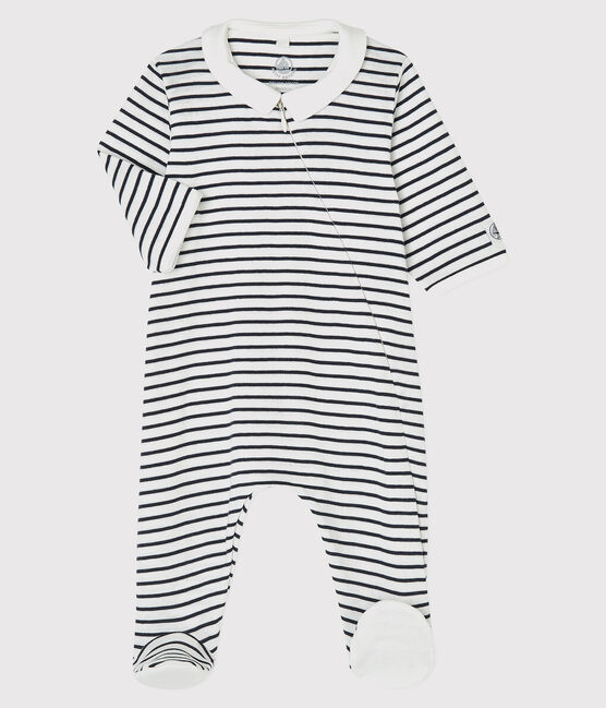 Babies' Zip-Up Organic Cotton Sleepsuit MARSHMALLOW white/SMOKING blue
