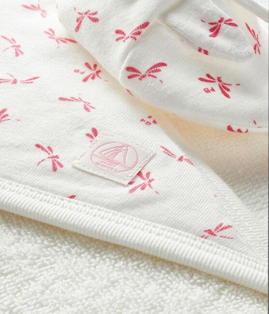 Babies' Square Bath Towel and Bootees Set in Terry and Rib Knit MARSHMALLOW white/GROSEILLER pink