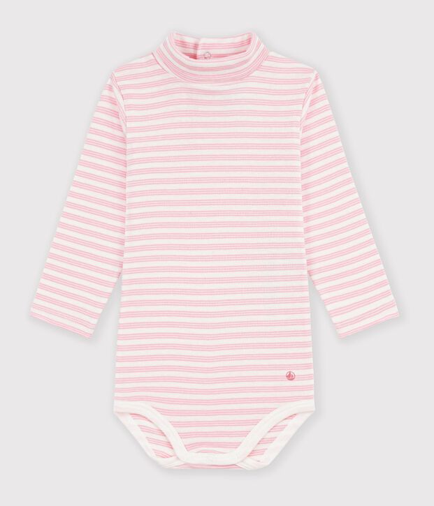 Babies' stripy cotton rollneck body pink/pink