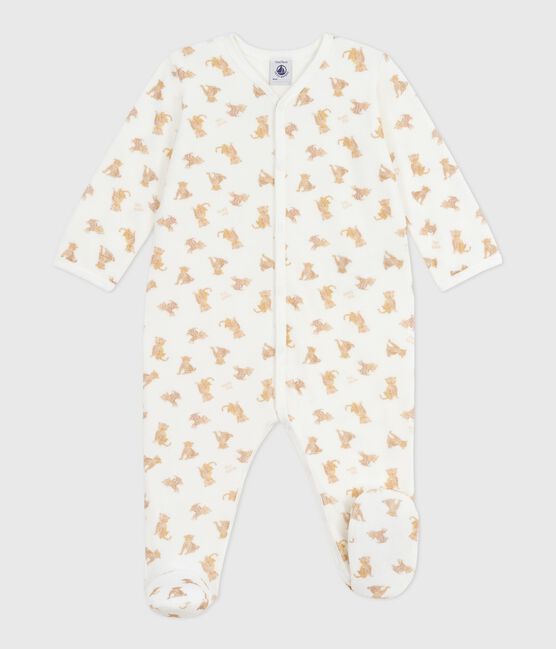Babies' velour pyjama suit printed with leopards MARSHMALLOW white/MULTICO white