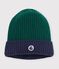 Children's two-colour knitted beanie with a fleece lining green/blue