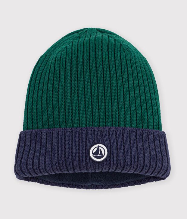 Children's two-colour knitted beanie with a fleece lining green/blue
