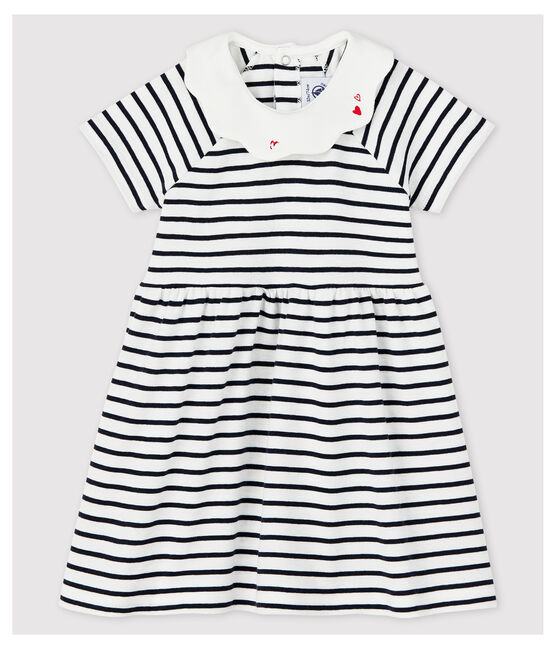 Baby Girls' Short-Sleeved Stripy Rib Knit Dress MARSHMALLOW white/SMOKING blue