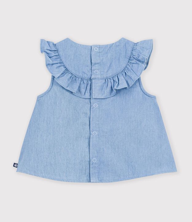 Babies' sleeveless blouse in embroidered cotton chambray blue