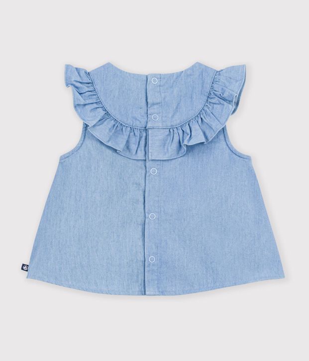 Babies' sleeveless blouse in embroidered cotton chambray blue