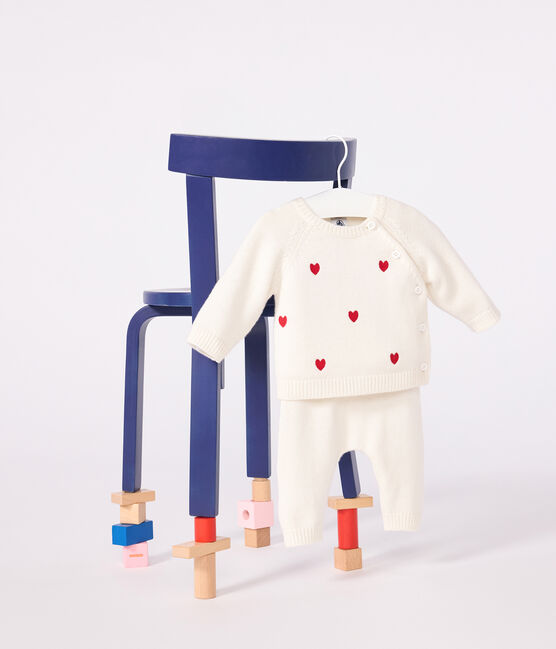 Babies' two-piece knitted outfit with embroidered hearts MARSHMALLOW red/POMPEI