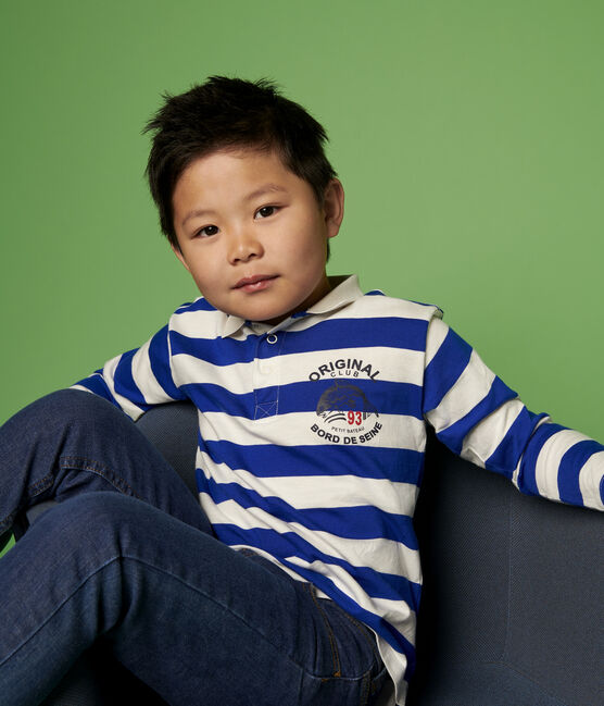 Boys' Long-Sleeved Jersey Polo Shirt SURF blue/MARSHMALLOW white