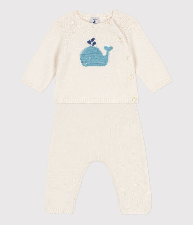 Babies' Wool/Cotton Knit 2-Piece Set white