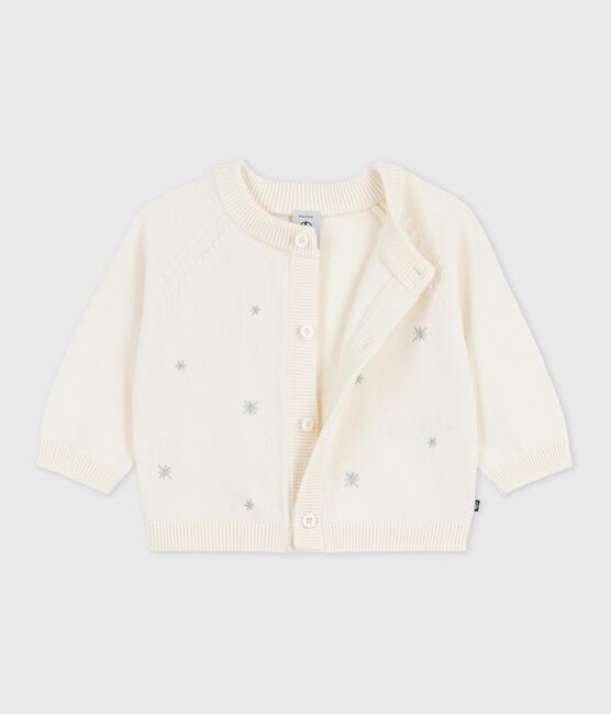 Babies' wool and cotton knit cardigan embroidered with stars MARSHMALLOW white/ARGENT grey