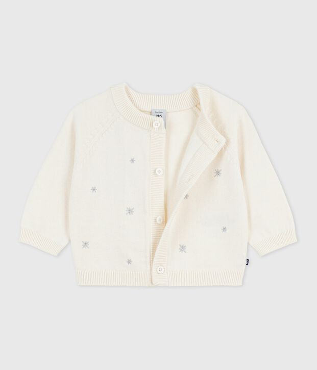 Babies' wool and cotton knit cardigan embroidered with stars white/grey