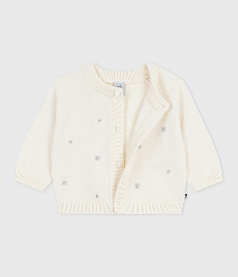 Babies' wool and cotton knit cardigan embroidered with stars white/grey