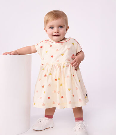 Babies' short-sleeved cotton dress printed with hearts.