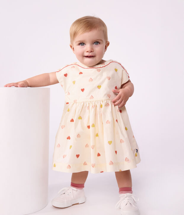 Babies' short-sleeved cotton dress printed with hearts. Ecru/multicolor