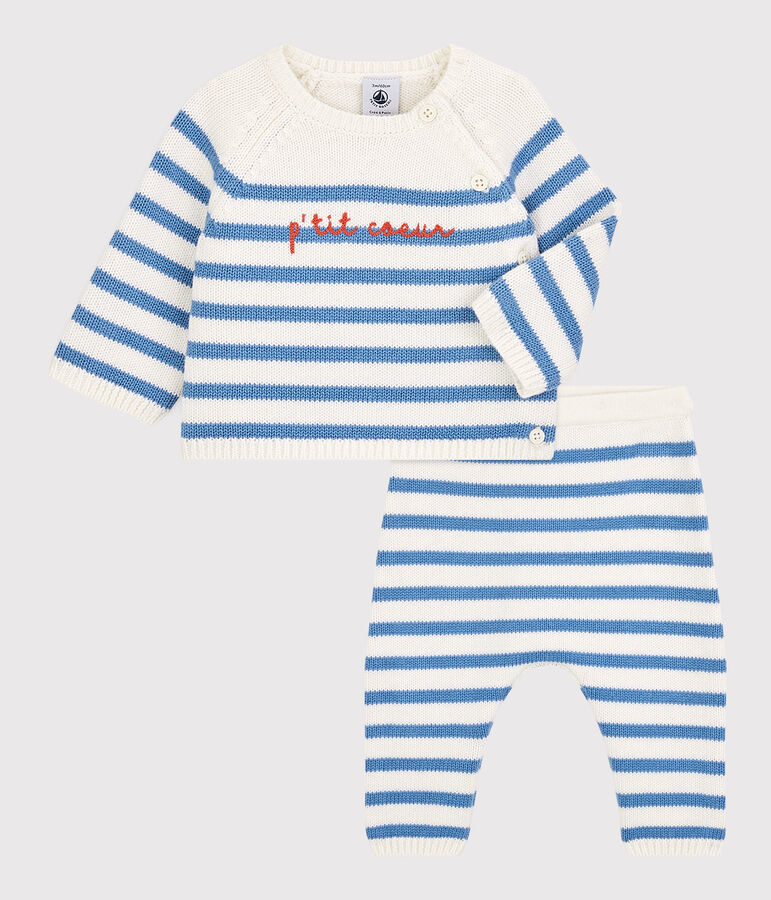 Babies' Wool/Cotton Knit Sailor Striped Clothing - 3-Piece Set white/blue