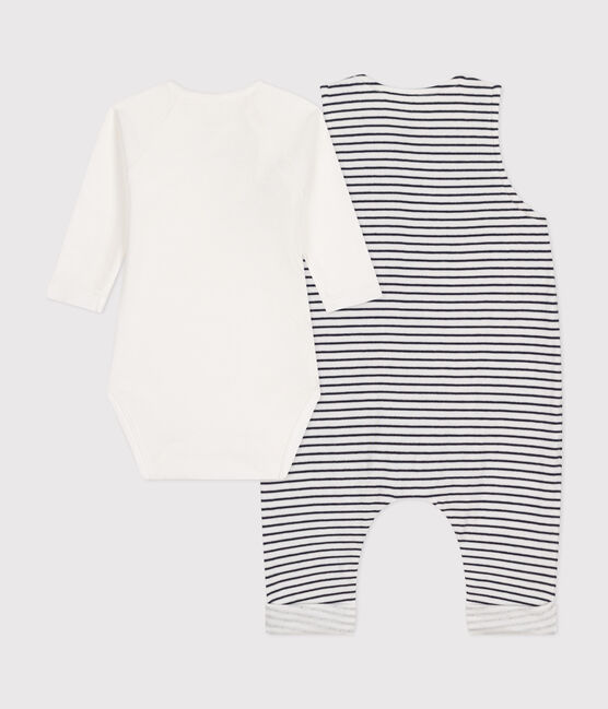 Babies' Cotton Jumpsuit and Bodysuit Outfit MARSHMALLOW white/SMOKING blue