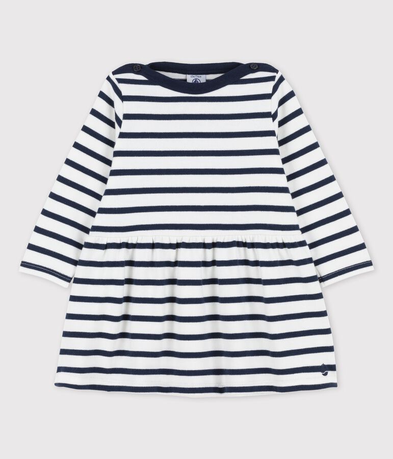 Babies' Iconic Thick Organic Jersey Long-Sleeved Dress MARSHMALLOW white/SMOKING blue