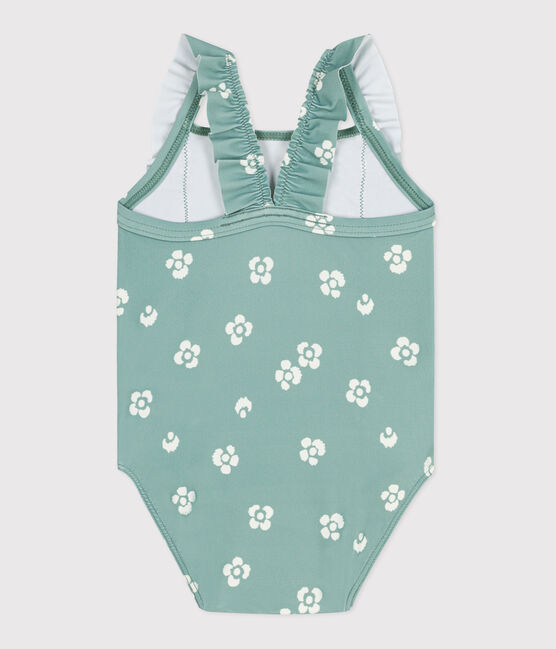 Babies' one-piece swimsuit with frills and a floral print. PAUL blue/MARSHMALLOW white