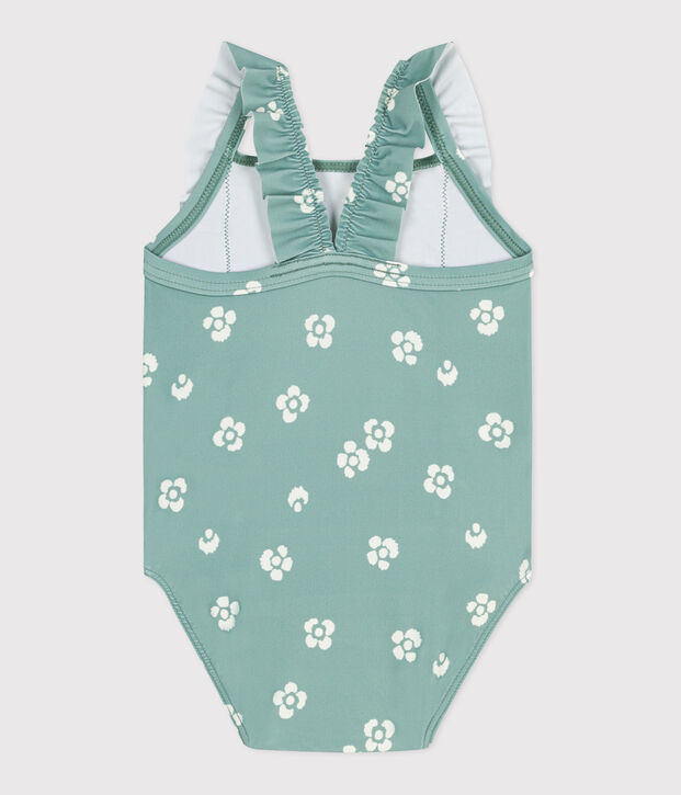 Babies' one-piece swimsuit with frills and a floral print. green/white