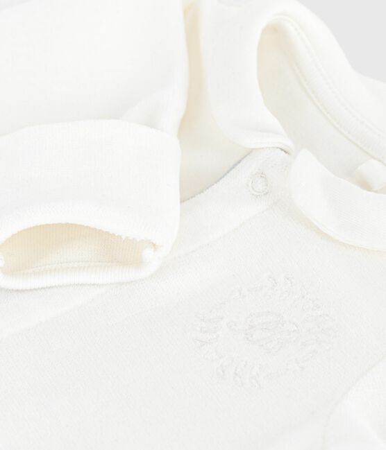 Babies' plain velour pyjama suit with a collar MARSHMALLOW white