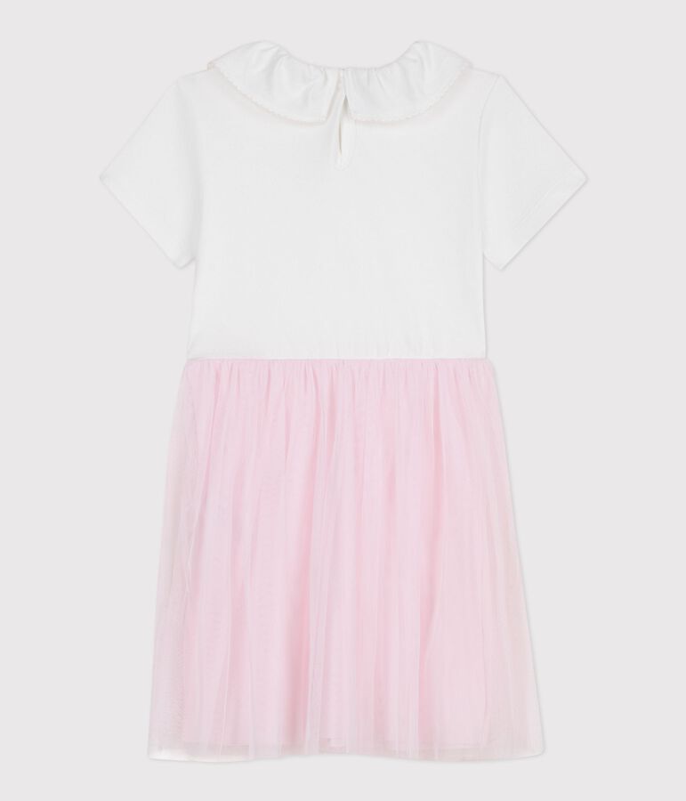 Children's short-sleeved cotton and tulle heart-patterned dress white/pink