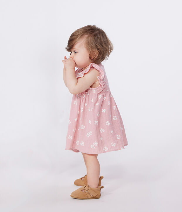 Babies' floral print cotton gauze dress and bloomers pink/white
