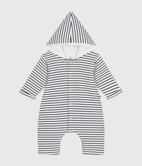 Babies' quilted cotton hooded jumpsuit MARSHMALLOW white/SMOKING blue