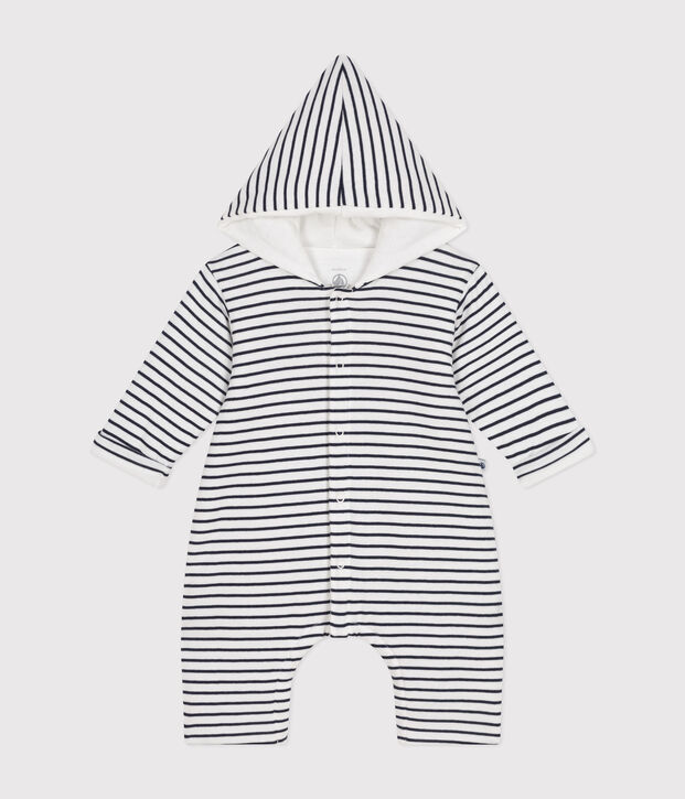 Babies' quilted cotton hooded jumpsuit white/blue