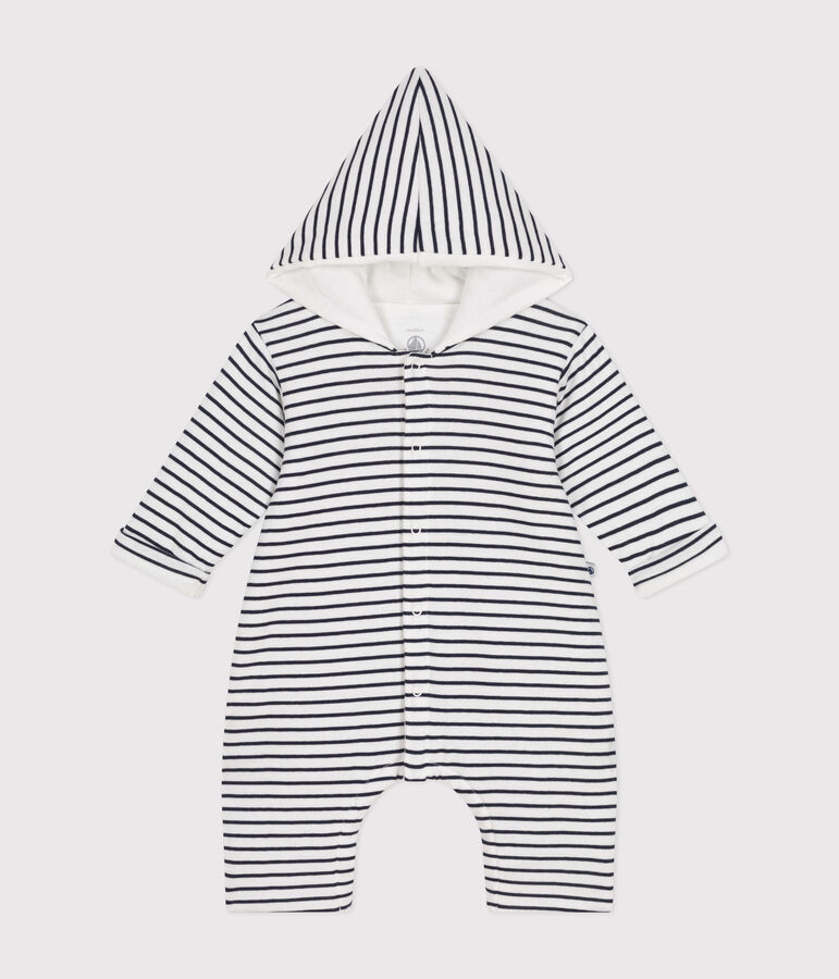 Babies' quilted cotton hooded jumpsuit MARSHMALLOW white/SMOKING blue